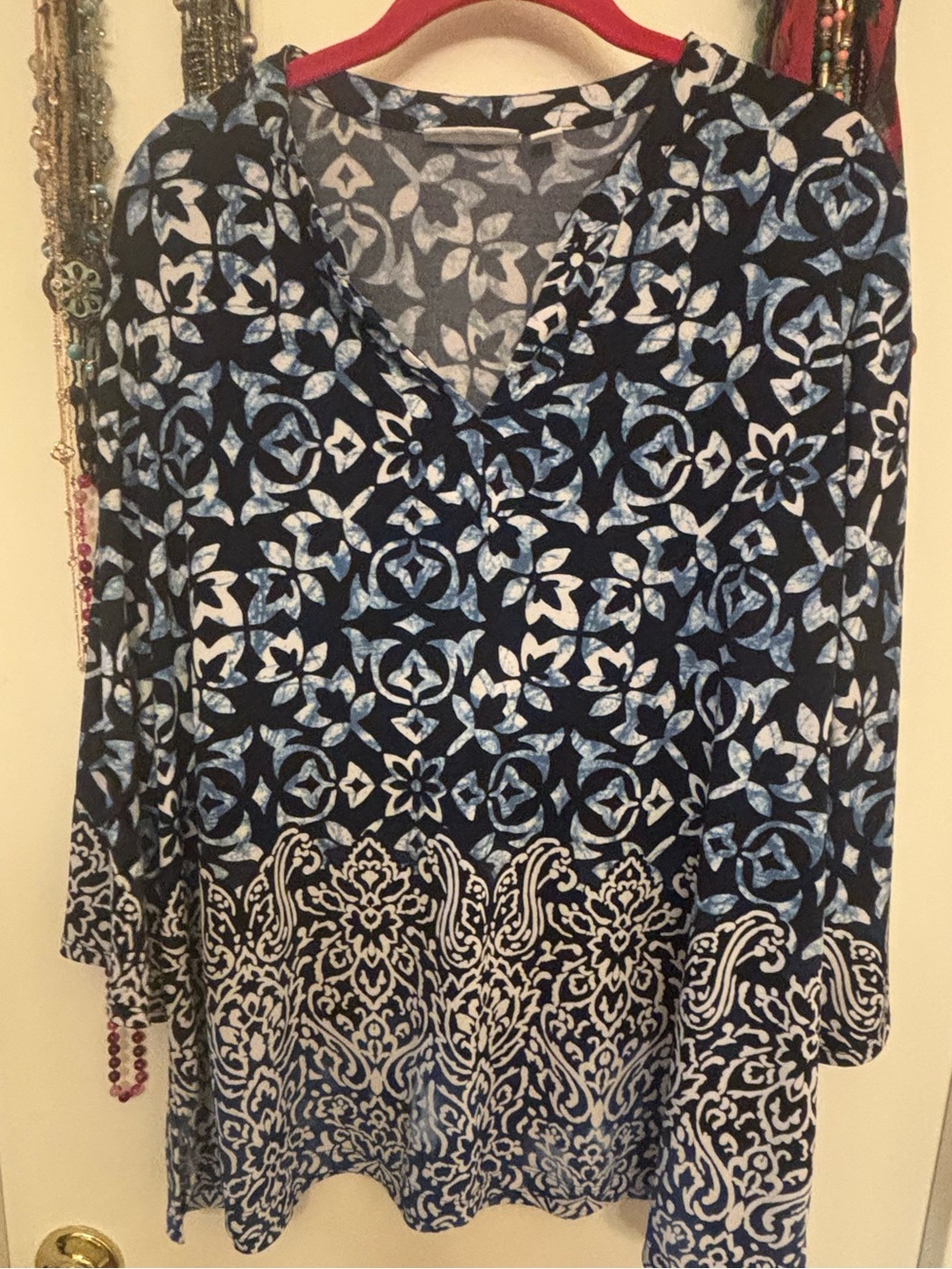 Graver Blue and White Printed V-Neck Top